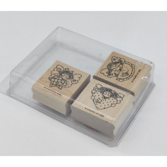 Vintage STAMPIN' UP! 1996 Set of 3 Angel Faces Rubber Stamps Wooden Card Making - Picture 3 of 10